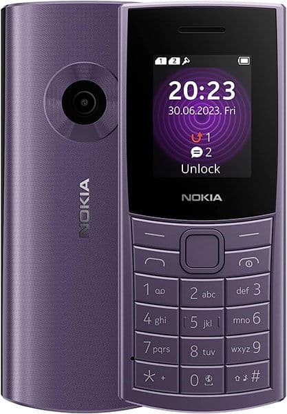 Nokia 110 4G (2023) in purple, front and rear view, showing display with time and keypad