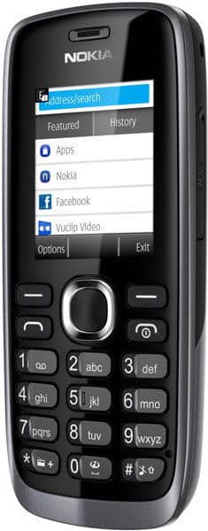 Nokia 112 front view showing screen with app menu including Nokia and Facebook, numeric keypad, and central navigation dial