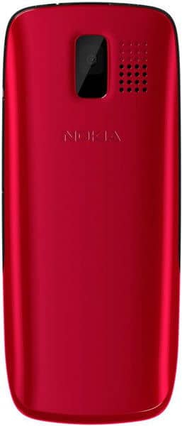 Nokia 112 rear view, red candybar phone with black camera lens and speaker grille