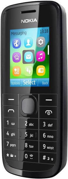 Nokia 113 front view, black phone with colorful app icons on screen and numeric keypad below