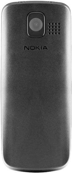 Nokia 113 rear view, showing dark gray body with camera lens and speaker grille at top, Nokia branding centered on back