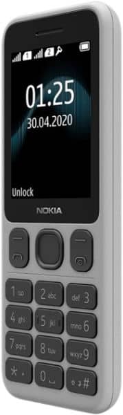 Nokia 125 phone, front view, displaying time 01:25 and date 30.04.2020 on screen with physical keypad below