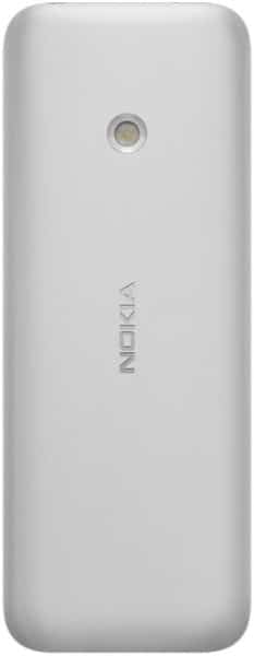 Nokia 125 rear view, white candybar phone with camera and logo visible