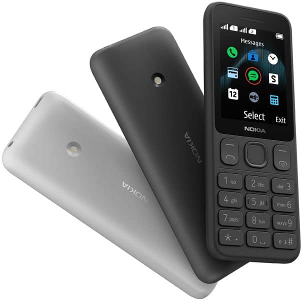 Nokia 125 front view showing screen with app icons, physical keypad, and two rear cover color options in white and black