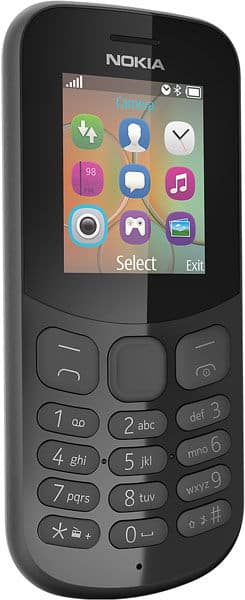 Nokia 130 (2017) front view, black phone with small screen displaying colorful app icons and physical keypad below