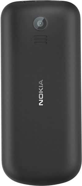 Nokia 130 (2017) rear view, black candybar phone with camera lens and speaker grille visible