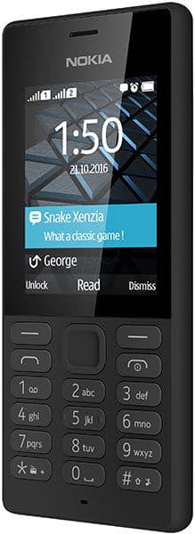 Nokia 150 front view, black phone with 2.4-inch screen showing time and notifications, physical keypad below