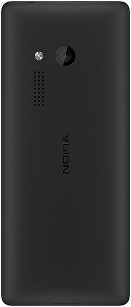 Nokia 150 rear view, black phone with camera, speaker grille, and Nokia branding visible
