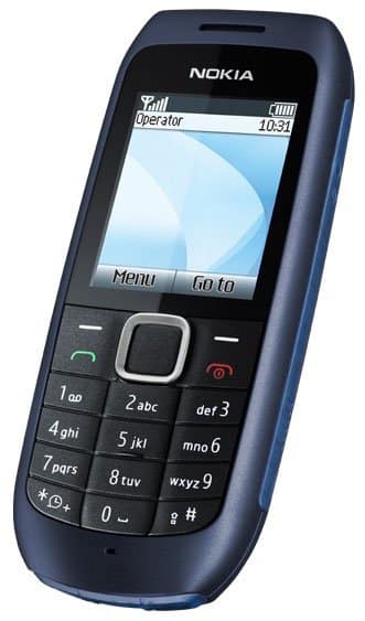 Nokia 1616 mobile phone, front view, with dark blue casing, numeric keypad, and small display screen showing operator and time information