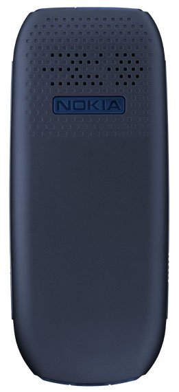 Nokia 1616 mobile phone, rear view, dark blue with perforated speaker grille and Nokia branding
