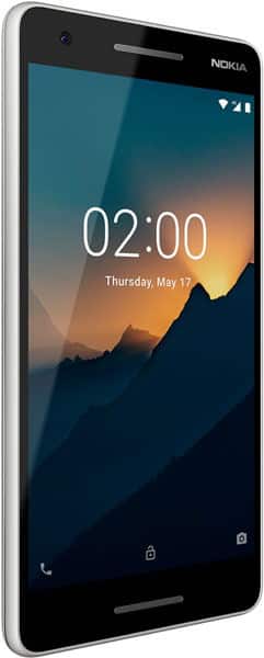 Nokia 2.1 front view, screen displaying time 02:00 and sunset landscape wallpaper