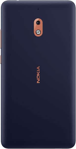 Nokia 2.1 rear view, showing dark blue back panel with copper camera and flash, Nokia branding centered