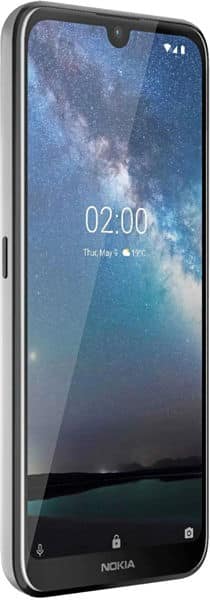Nokia 2.2 front view, displaying a starry sky wallpaper with time and date on screen, teardrop notch at top