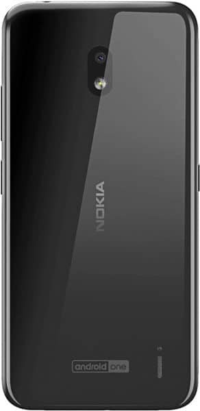Nokia 2.2 rear view, black glass back with camera and Android One branding visible