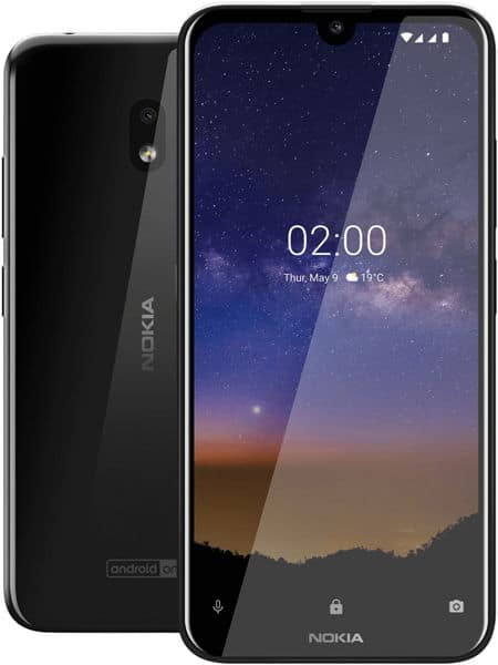 Nokia 2.2 front and back view, black smartphone with starry night sky and landscape displayed on screen