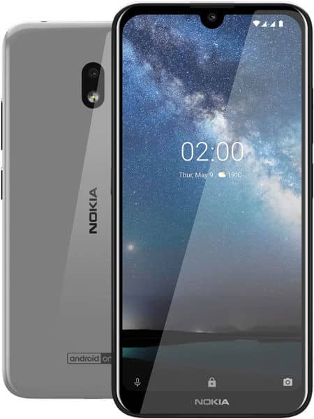 Nokia 2.2 front and rear view, gray smartphone with notched display showing time and date, single rear camera, Android OS