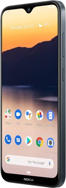 Nokia 2.3 front view with display showing sunset landscape wallpaper, app icons, and Google search bar