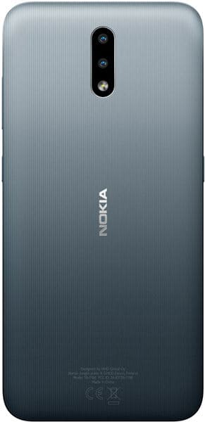 Nokia 2.3 rear view, showing dual camera setup and textured gray back panel