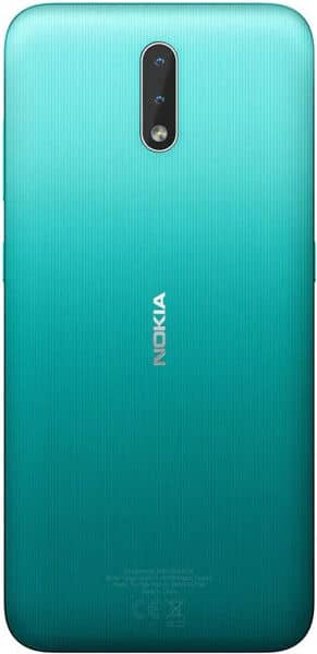 Nokia 2.3 rear view, turquoise back panel with dual camera lens and Nokia branding
