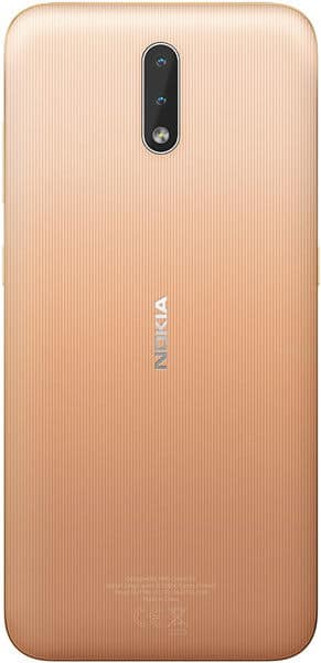 Nokia 2.3 rear view, sand color, showing textured back panel and dual camera setup