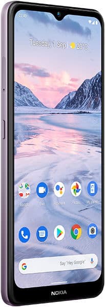 Front view of Nokia 2.4 with purple edge, home screen on, app icons and mountain lake wallpaper, date, time, and weather visible.