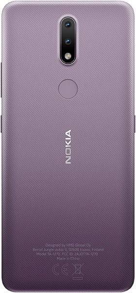 Rear view of purple Nokia 2.4 showing vertical dual cameras with flash, fingerprint sensor, and centered Nokia logo.