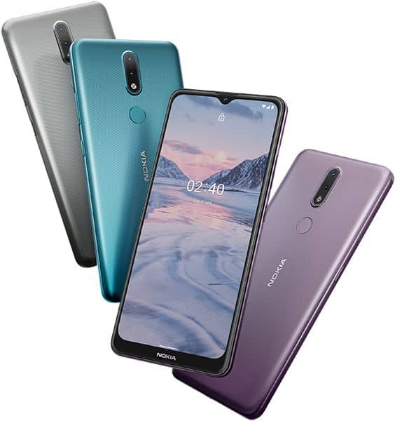 Nokia 2.4 in silver, blue, and purple shown front and back; front screen displays 02:40 with mountain and lake wallpaper.