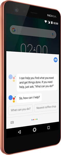 Nokia 2 phone displayed at an angle, showing lock screen with Google Assistant interface and conversation prompts
