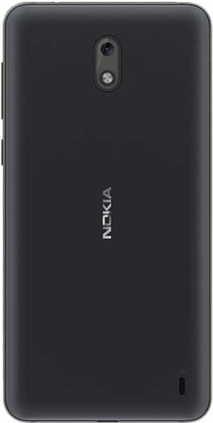 Nokia 2 rear view, showing black back panel with camera and Nokia branding
