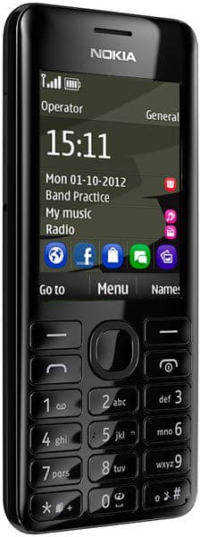 Nokia 206 phone, front view, showing screen with time 15:11, menu options, and colorful app icons above physical keypad
