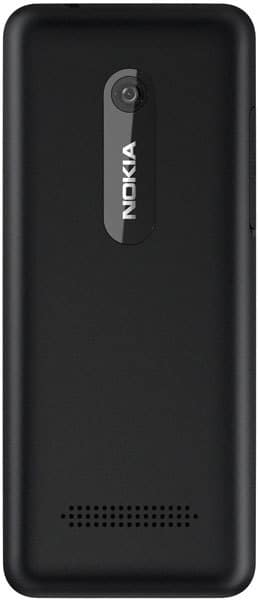 Nokia 206 rear view showing black phone body with camera lens and speaker grille