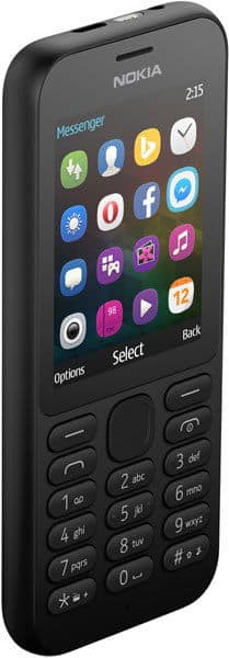 Nokia 215 front view, black phone with colorful app icons on screen and numeric keypad below