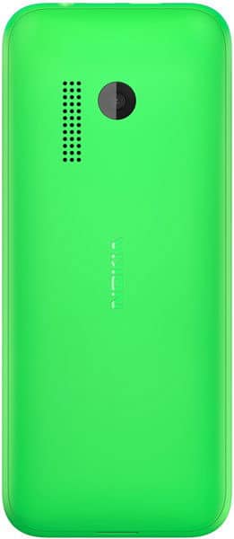 Nokia 215 rear view, bright green casing with camera lens and speaker grille at top