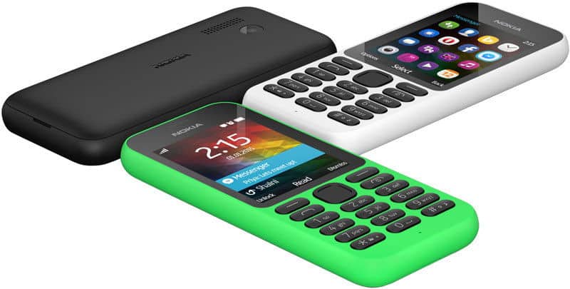 Nokia 215 phones in black, green, and white, shown from front and rear angles with colorful app icons on display