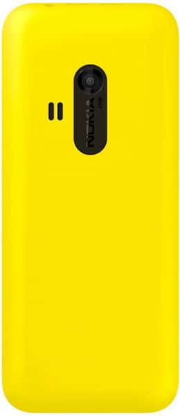 Nokia 220 rear view, yellow phone body with black camera and volume buttons