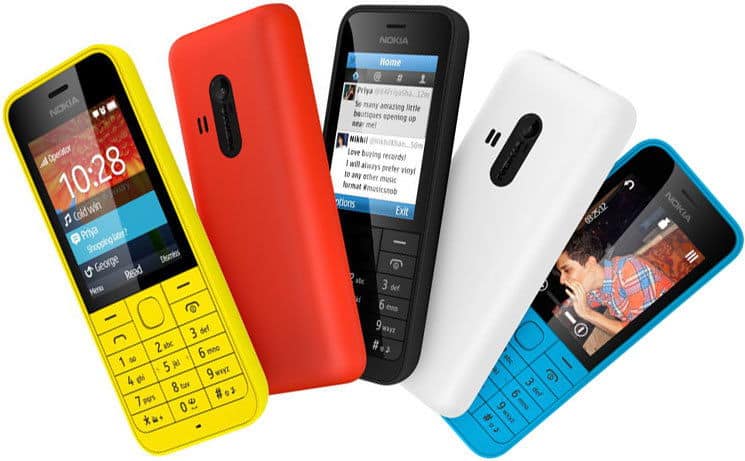 Nokia 220 mobile phones in yellow, red, black, white, and blue, displayed front and rear views showing screens and keypads