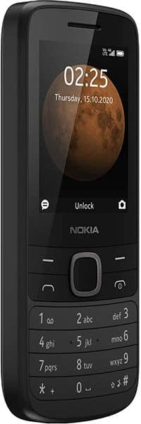 Nokia 225 4G front view, black phone with display showing time and date, numeric keypad below screen