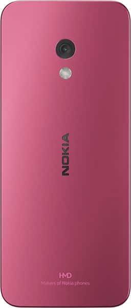 Nokia 225 4G (2024) rear view, pink, showing camera, speaker, and Nokia branding