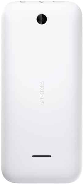 Nokia 225 white phone, rear view showing camera and speaker grille