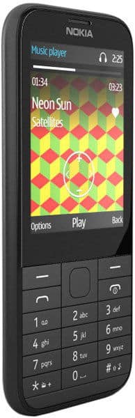 Nokia 225 front view, displaying music player screen with colorful geometric pattern and physical keypad below