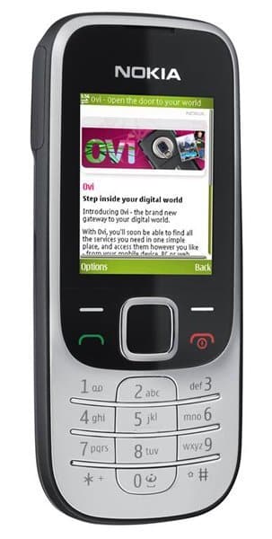 Nokia 2320 Classic front view, silver and black phone with screen displaying content, numeric keypad, and navigation buttons