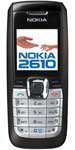 Nokia 2610 mobile phone, front view, with small screen displaying colorful logo and numeric keypad below