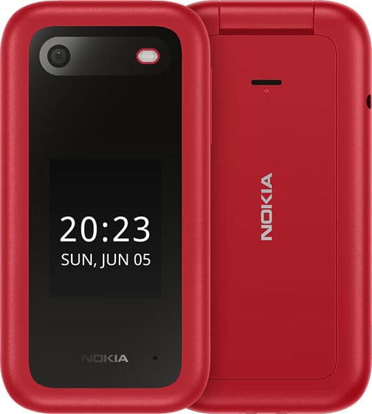 Nokia 2660 Flip in red, front view open with display showing time 20:23 and date