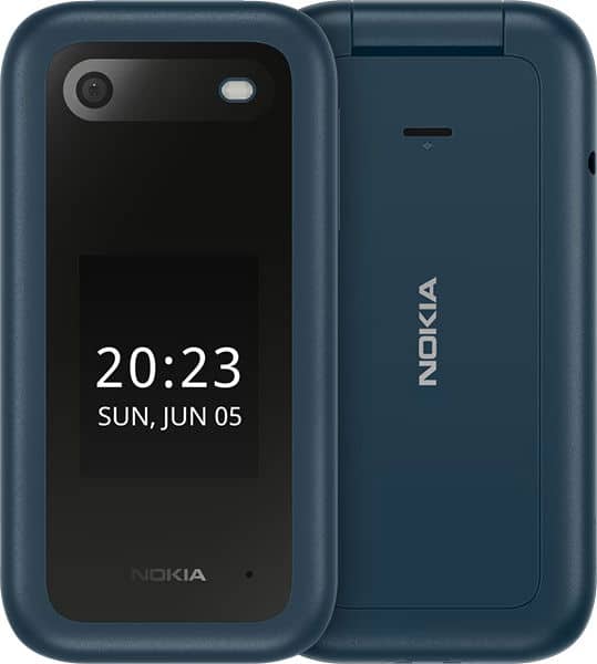 Nokia 2660 Flip open, displaying time 20:23 and date on front screen, blue exterior visible on back