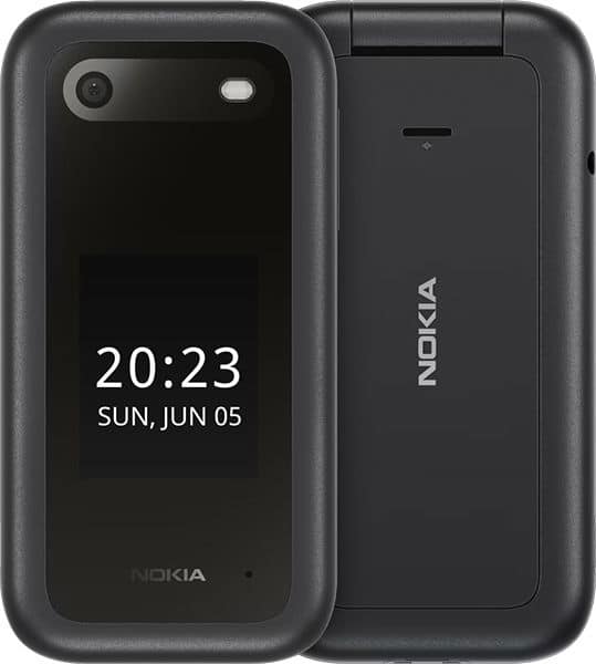 Nokia 2660 Flip open, displaying time 20:23 and date on front screen, back panel visible
