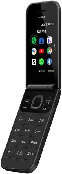 Nokia 2720 Flip open, showing Call log screen with app icons above numbered keypad