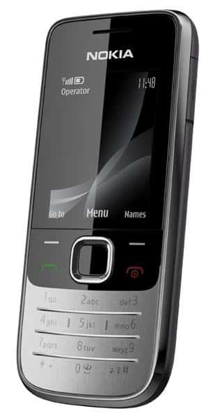 Nokia 2730 NAM mobile phone, front view, with black upper screen and silver keypad
