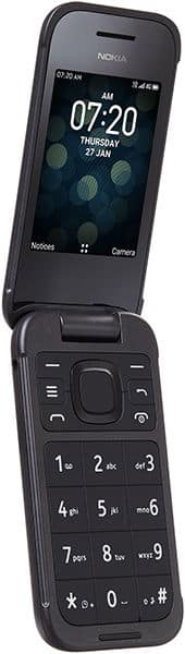 Nokia 2760 Flip open, showing screen displaying time 07:20 Thursday 27 Jan, with numeric keypad below