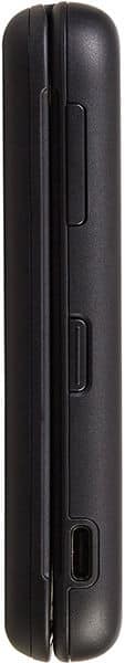 Nokia 2760 Flip closed, rear view, showing textured black exterior with side keys and hinged seam down the center