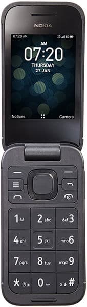 Nokia 2760 Flip open, displaying home screen with time 07:20 and date Thursday 27 Jan, numeric keypad below